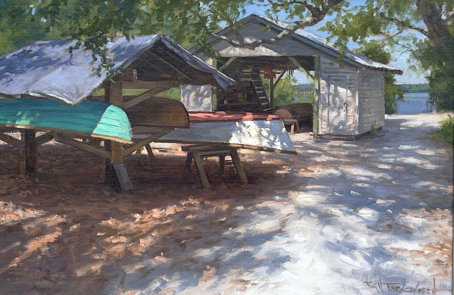 oil painting of boats and a barn