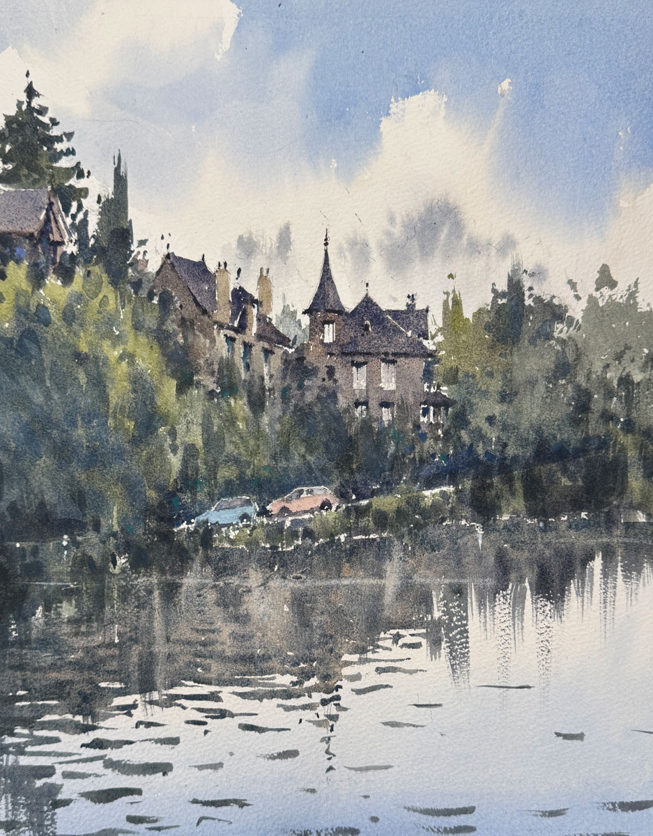 watercolor painting of a scene in France, painting en plein air