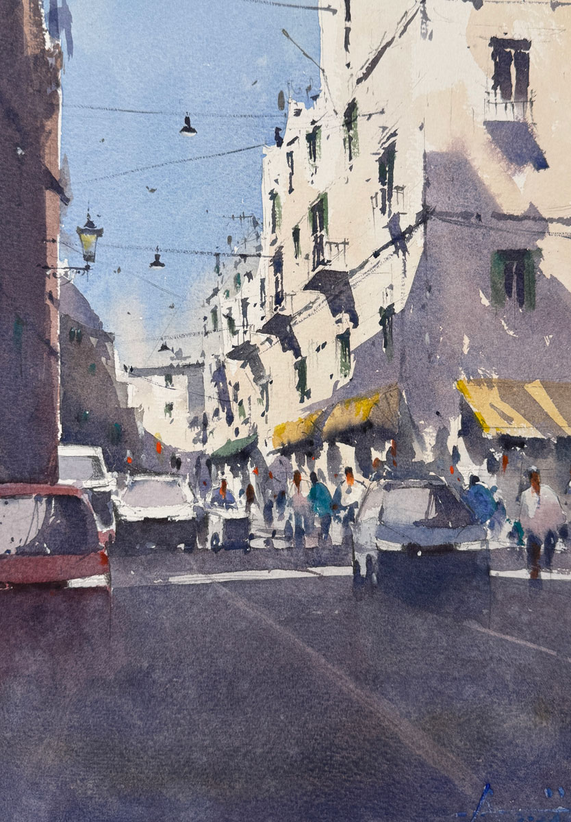 watercolor painting of Market Street, Morocco