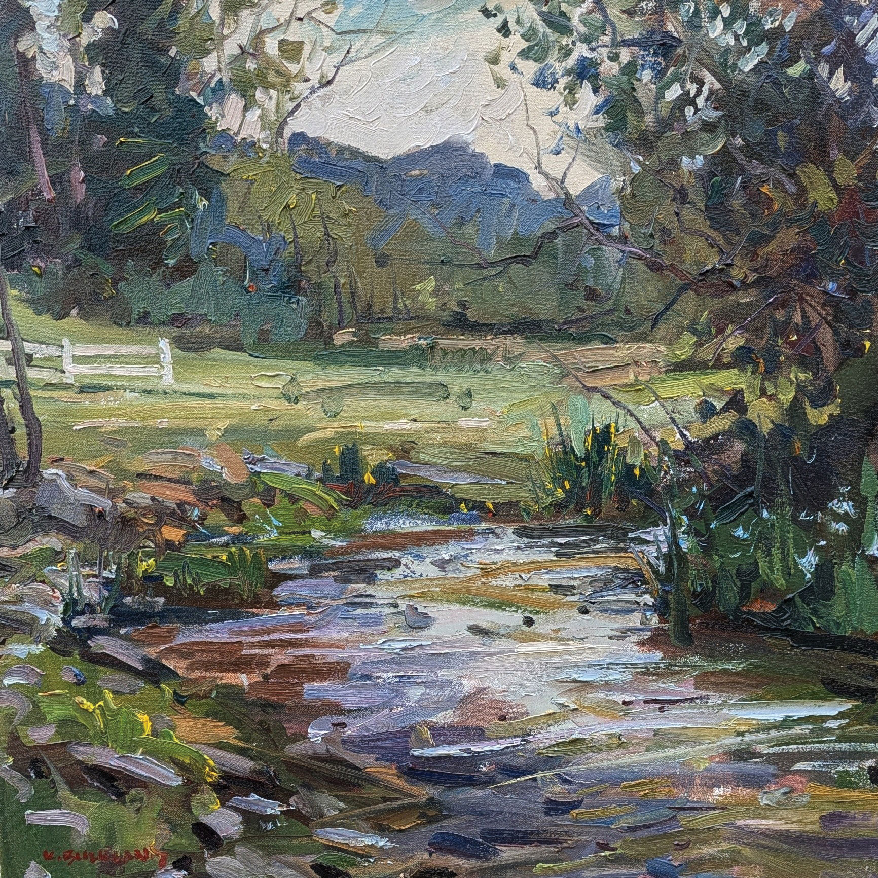 Kyle Buckland, "May Along the Creek," 2025, oil, 24 x 24 in., available from artist, plein air painting