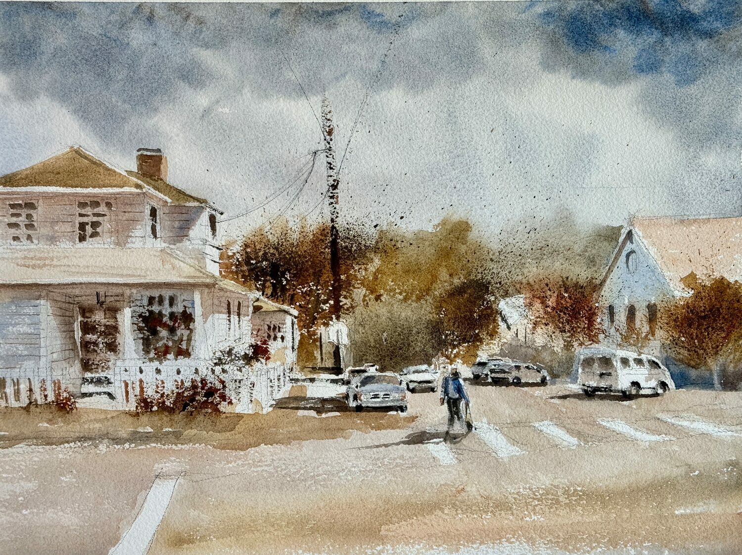 watercolor painting of a town intersection