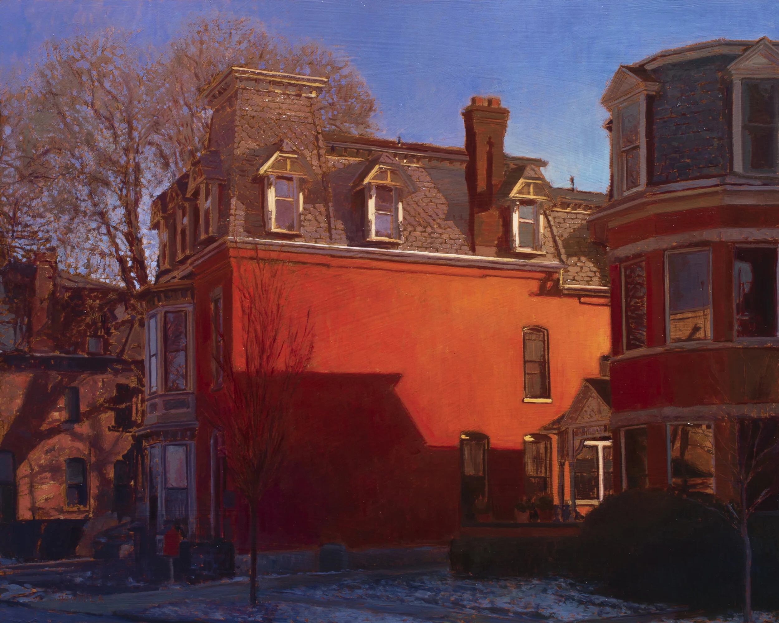 Raymond Bonilla, “Thanksgiving Walk," gouache and oil on panel, Sold