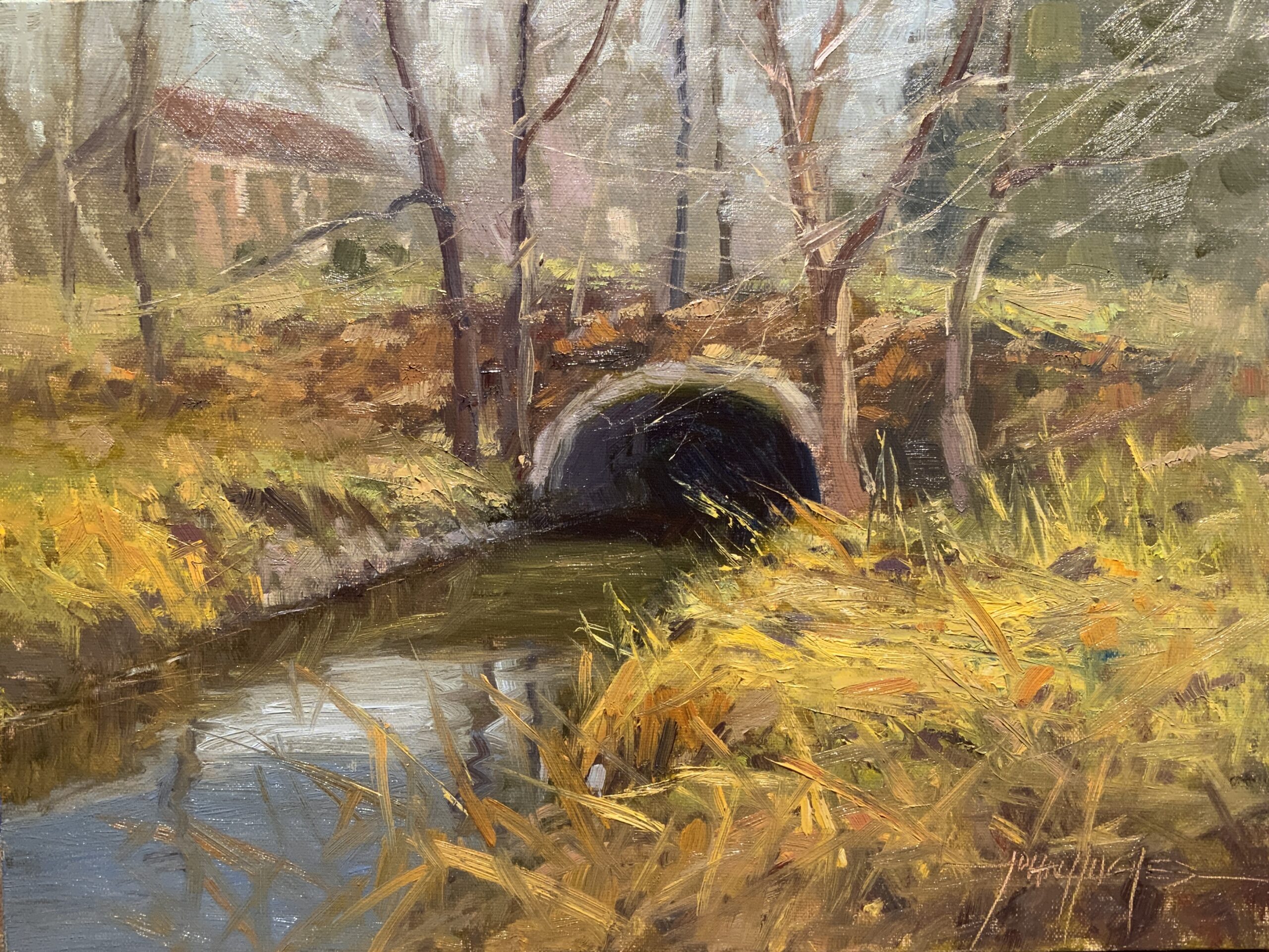 plein air oil painting of a culvert