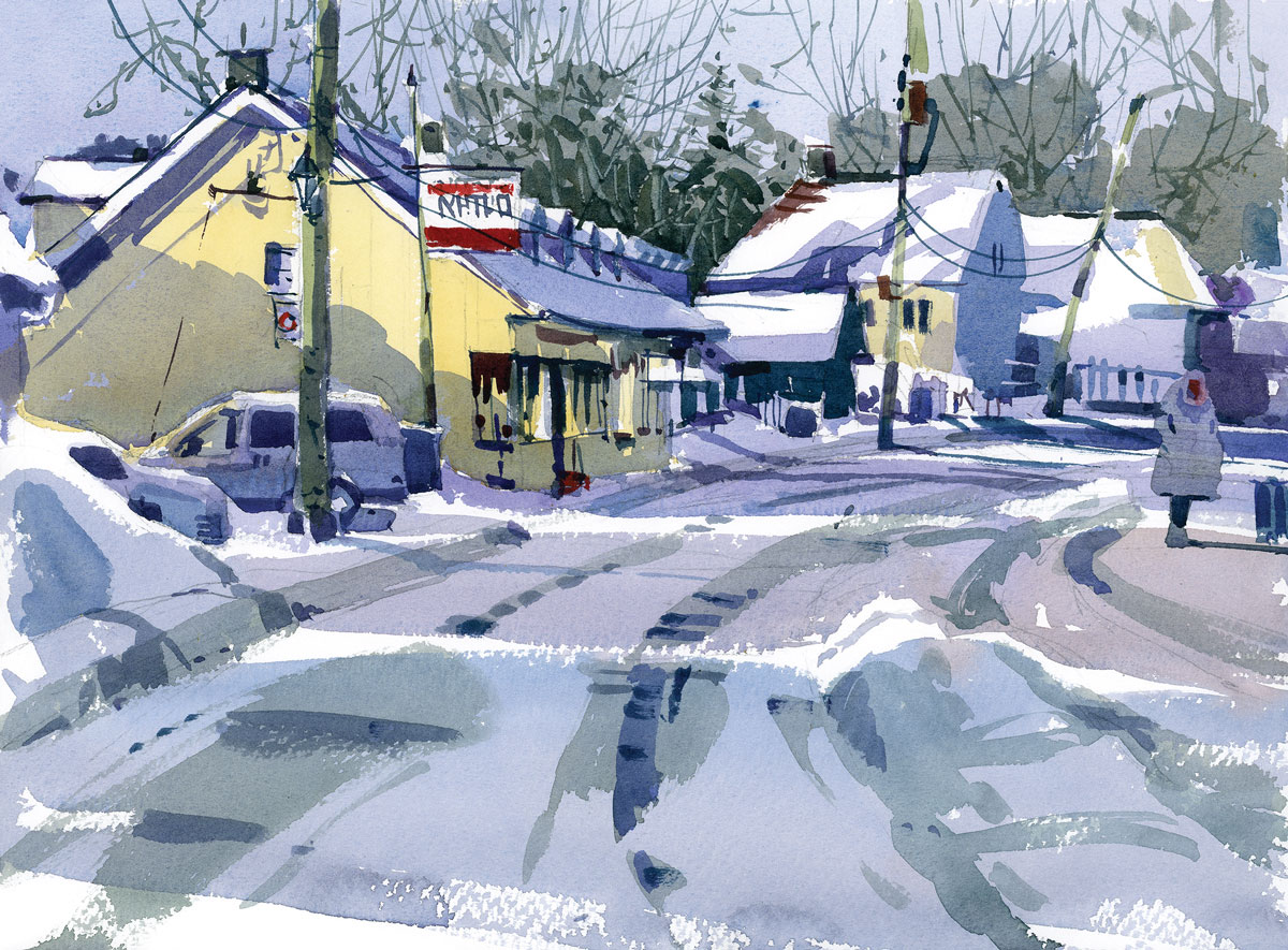 Shari Blaukopf, "Bus Stop," 2018, watercolor, 10 x 14 in., private collection, plein air