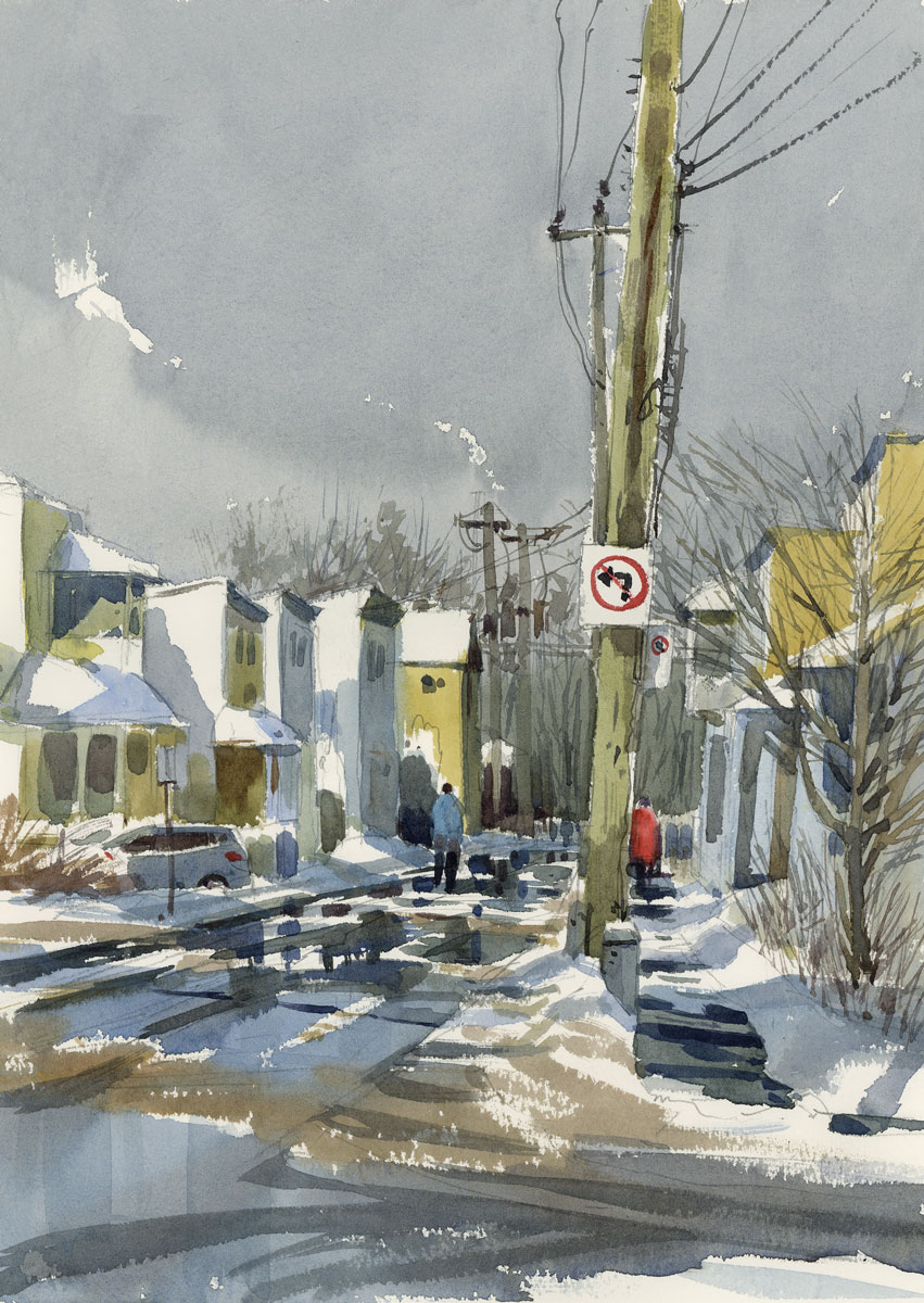 Plein air painting in winter - Shari Blaukopf, "No Left Turn," 2022, watercolor, 14 x 10 in. Private collection, Plein air