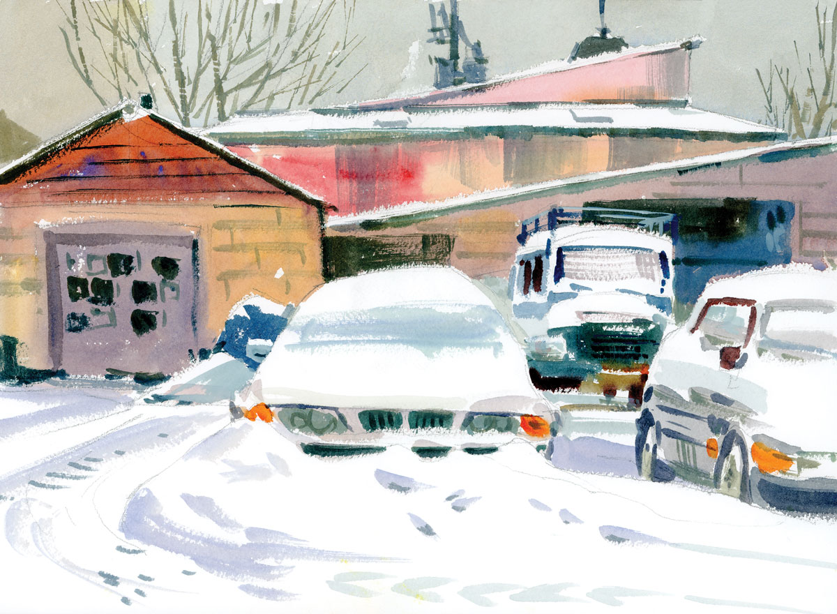 Shari Blaukopf, "Tuesday Garage," 2020, watercolor, 10 x 14 in., collection the artist, plein air
