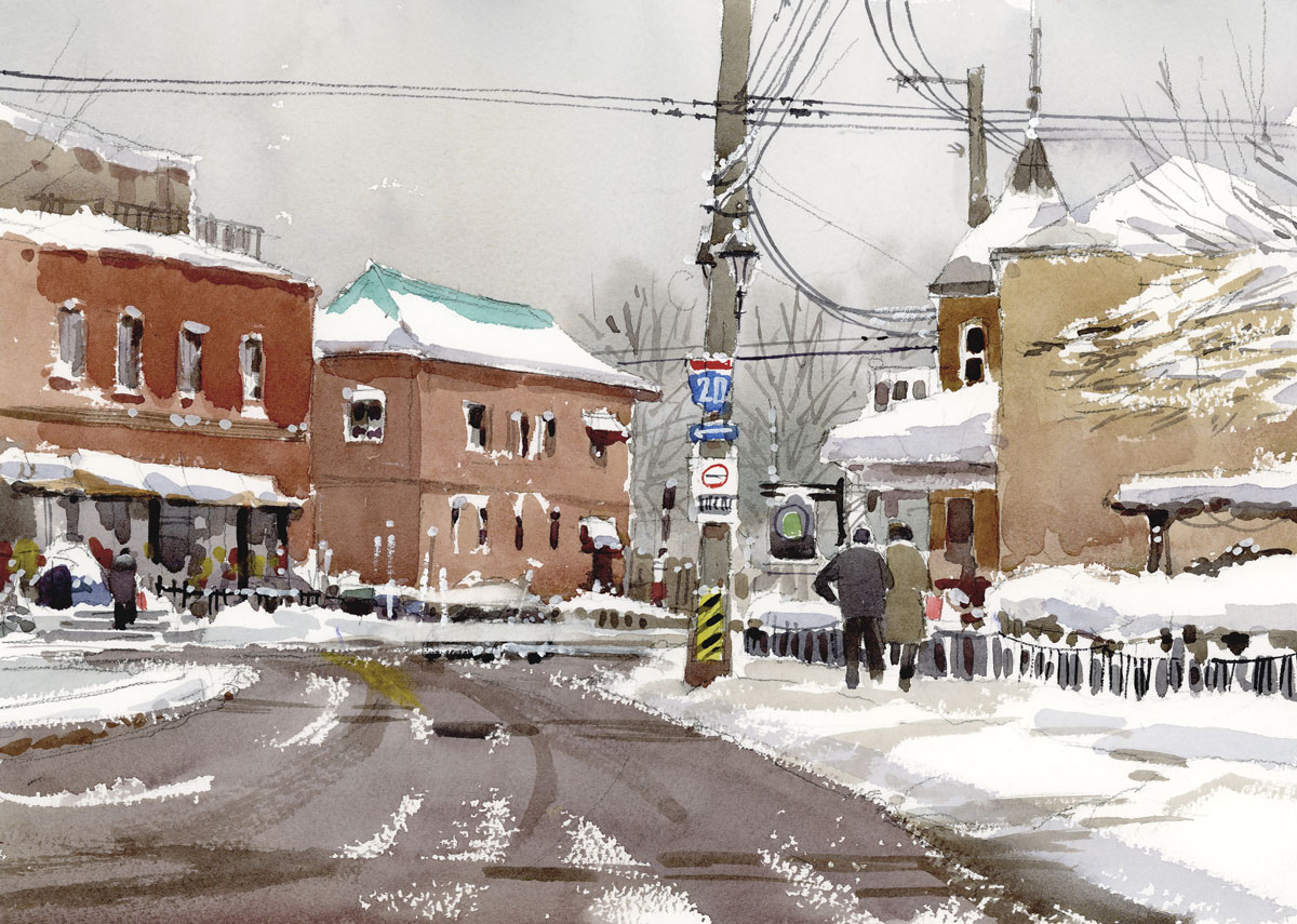 Plein air painting in winter - Shari Blaukopf, "Village Walk," 2022, watercolor, 10 x 14 in., collection the artist, plein air