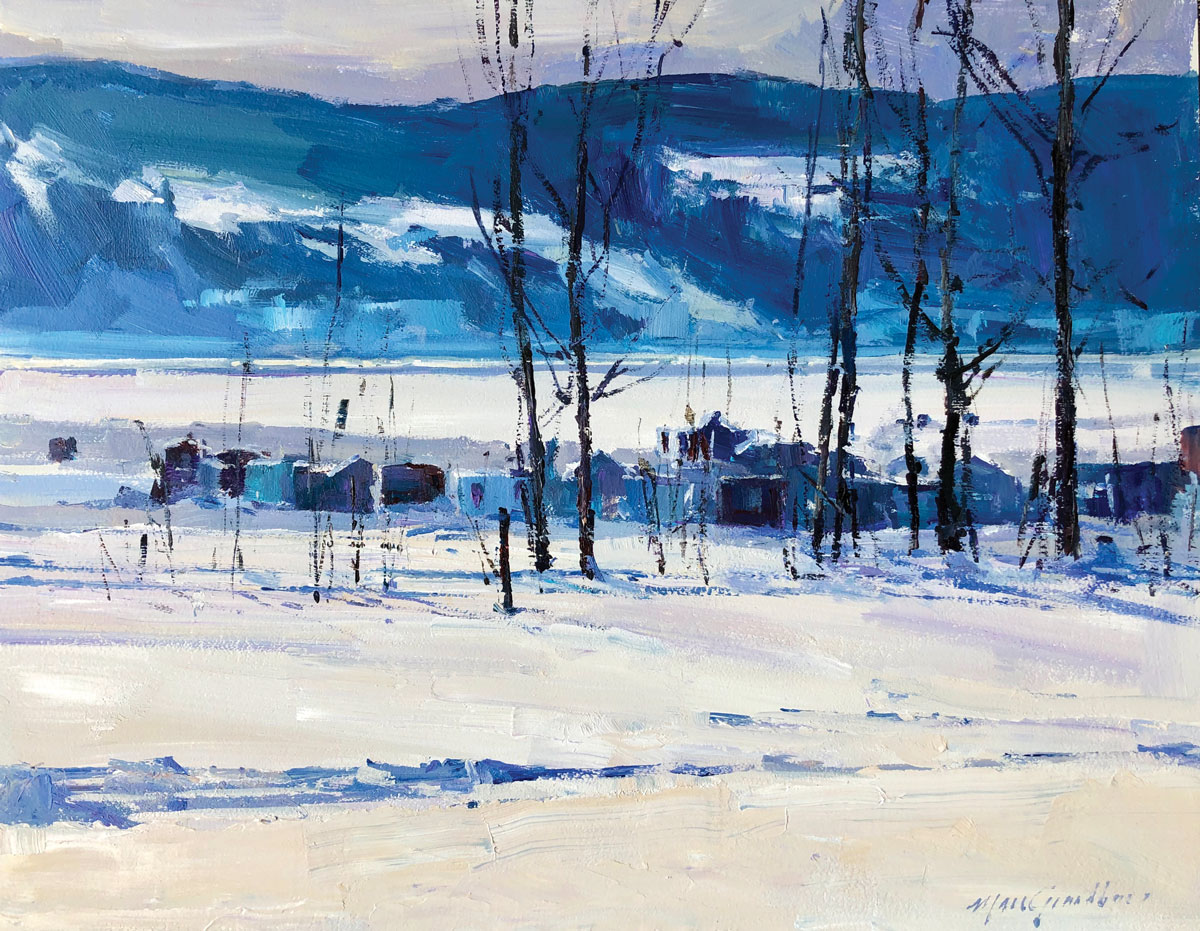 Marc Grandbois, "February Light in Anse à Benjamin," 2020, acrylic, 14 x 18 in., private collection, plein air