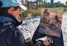Head to the Beach: Florida’s Forgotten Coast en Plein Air Kathleen Hudson at work on her Quick Draw competition.