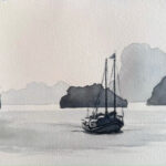 Value Studies - “Bai Tu Long Bay 2” by Bob Masla, who says he typically packs watercolors, paper, brushes, a sketchbook, a graphite wash pencil and a water-brush when he travels, although at home he paints in most media.