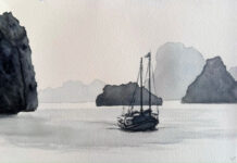 Value Studies - “Bai Tu Long Bay 2” by Bob Masla, who says he typically packs watercolors, paper, brushes, a sketchbook, a graphite wash pencil and a water-brush when he travels, although at home he paints in most media.
