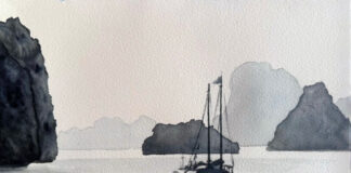 Value Studies - “Bai Tu Long Bay 2” by Bob Masla, who says he typically packs watercolors, paper, brushes, a sketchbook, a graphite wash pencil and a water-brush when he travels, although at home he paints in most media.