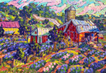 red barns with florals