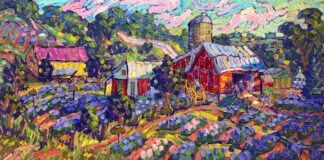 red barns with florals