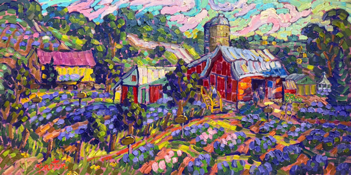 red barns with florals