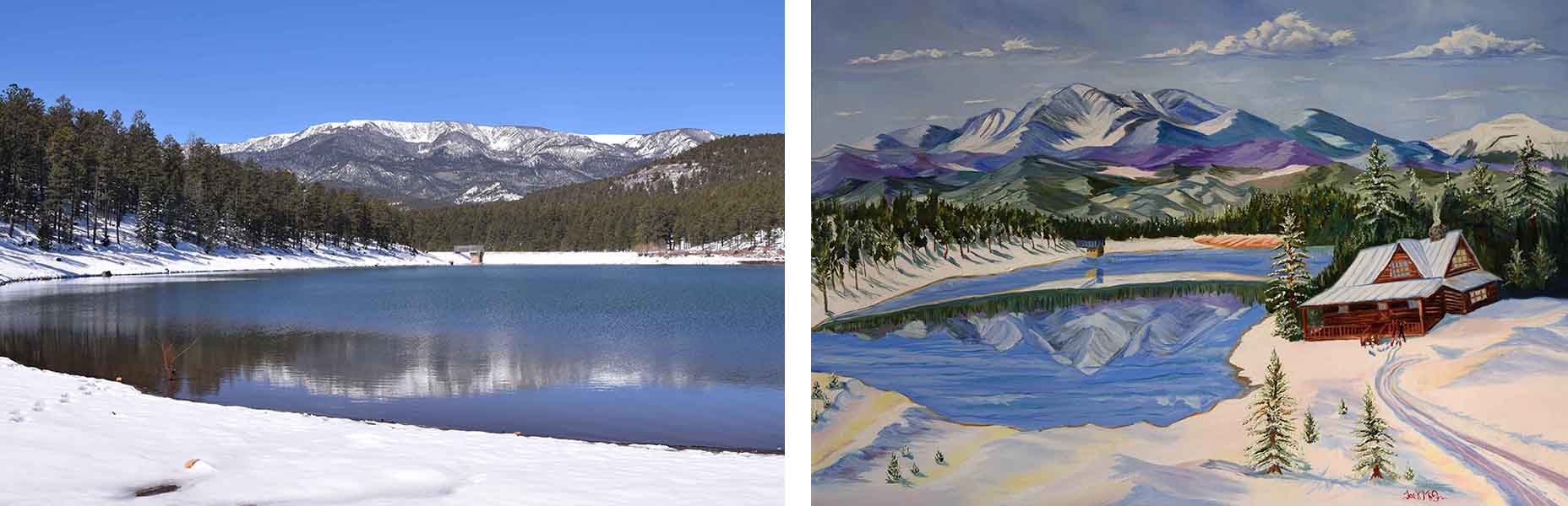 Left: Reference photo; Right: Jack McGowan, "Nordic Ski in To Morphy Lake," Oil, 24 x 36 in.