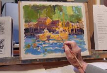 Ann Larson says using watercolor paper helps keep acrylic paints "a little more open," meaning they don't dry as fast, which aids in blending.