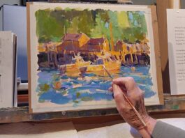 Ann Larson says using watercolor paper helps keep acrylic paints "a little more open," meaning they don't dry as fast, which aids in blending.