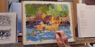 Ann Larson says using watercolor paper helps keep acrylic paints "a little more open," meaning they don't dry as fast, which aids in blending.