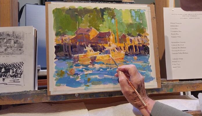 Ann Larson says using watercolor paper helps keep acrylic paints "a little more open," meaning they don't dry as fast, which aids in blending.