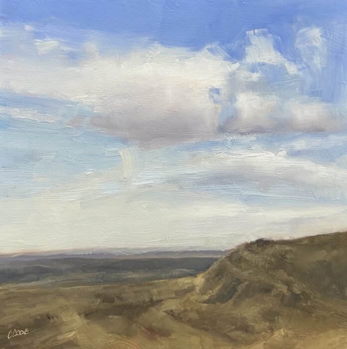 Christine Code, "River Hills," 2024, oil, 6 x 6 in., Available from Dervilia Art & Design, Plein air