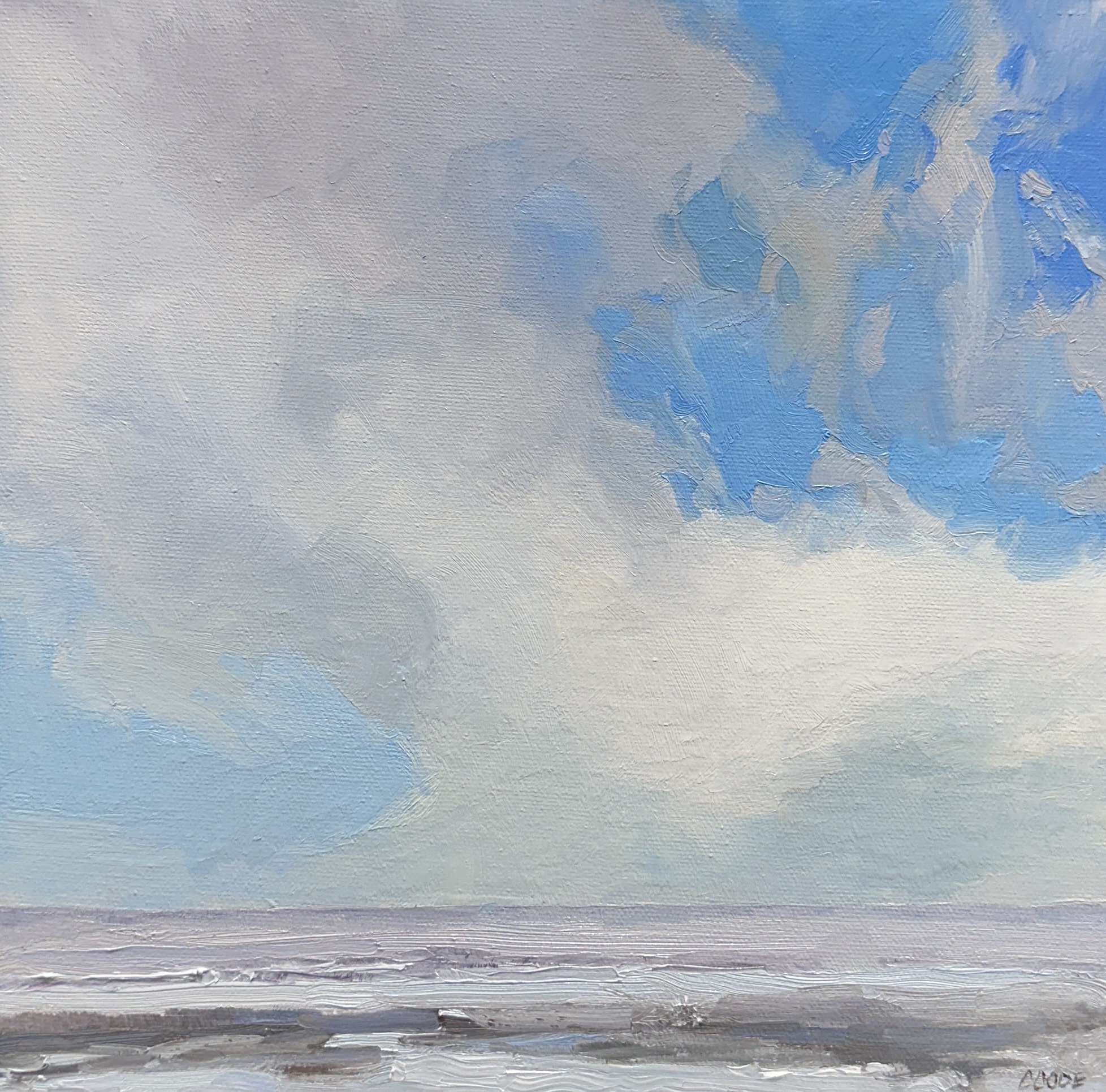 Christine Code, "Soft Winter Clouds," 2024, oil, 10 x 10 in., Available from Dervilia Art & Design, Plein air