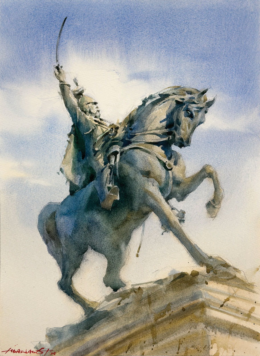 Lisa Wang, “King Victor Emmanuel II,” 2025, watercolor, 15 x 11 in., available from artist, studio from plein air study