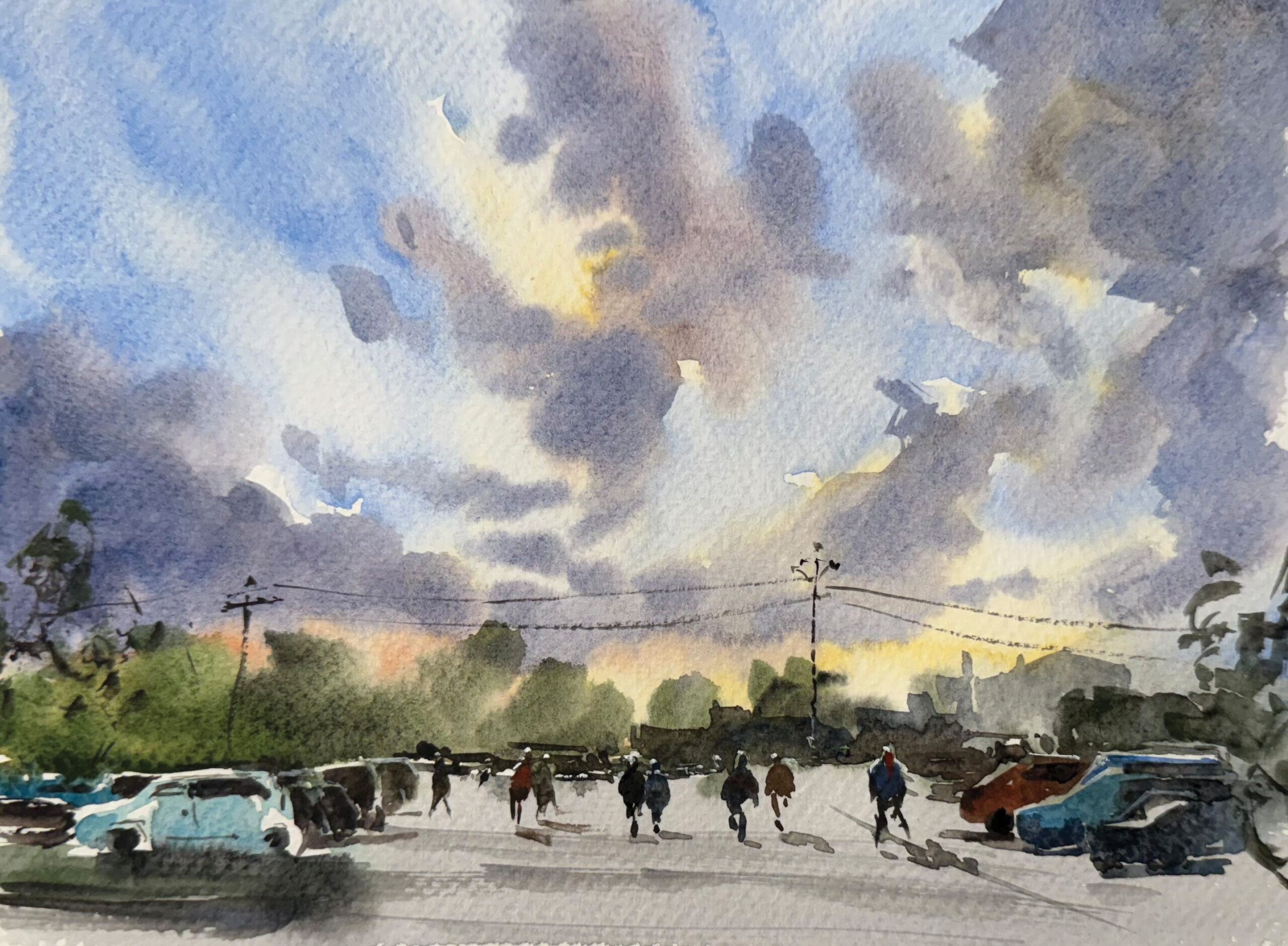 Hema Gupta, "Summer Sky," 2024, watercolor, 6 x 9 in., Available from the artist, Studio from plein air studies - painting figures in a landscape