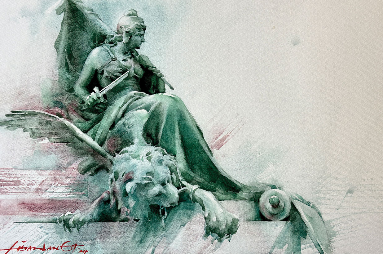 Lisa Wang, “Venetian Guardians 1,” 2024, watercolor, 15 x 21 1/2 in., private collection, studio from plein air study