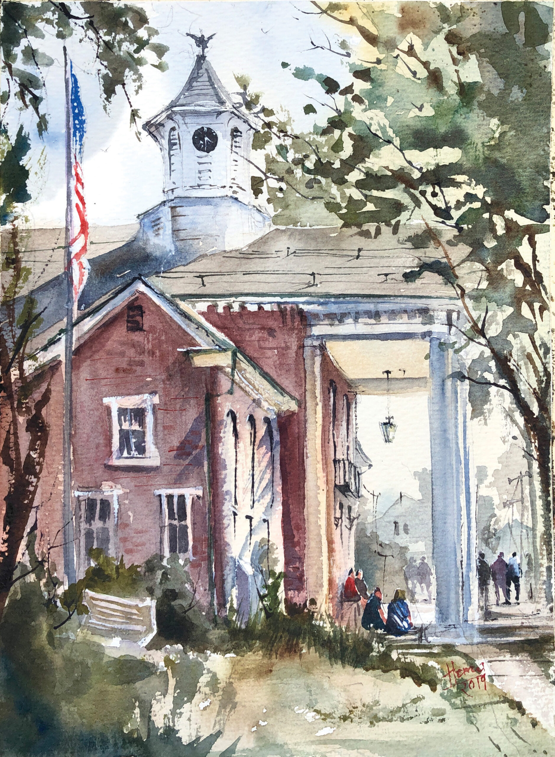 Hema Gupta, "Warren County Court House, NJ," 2019, watercolor, 12 x 9 in., available from the artist, plein air