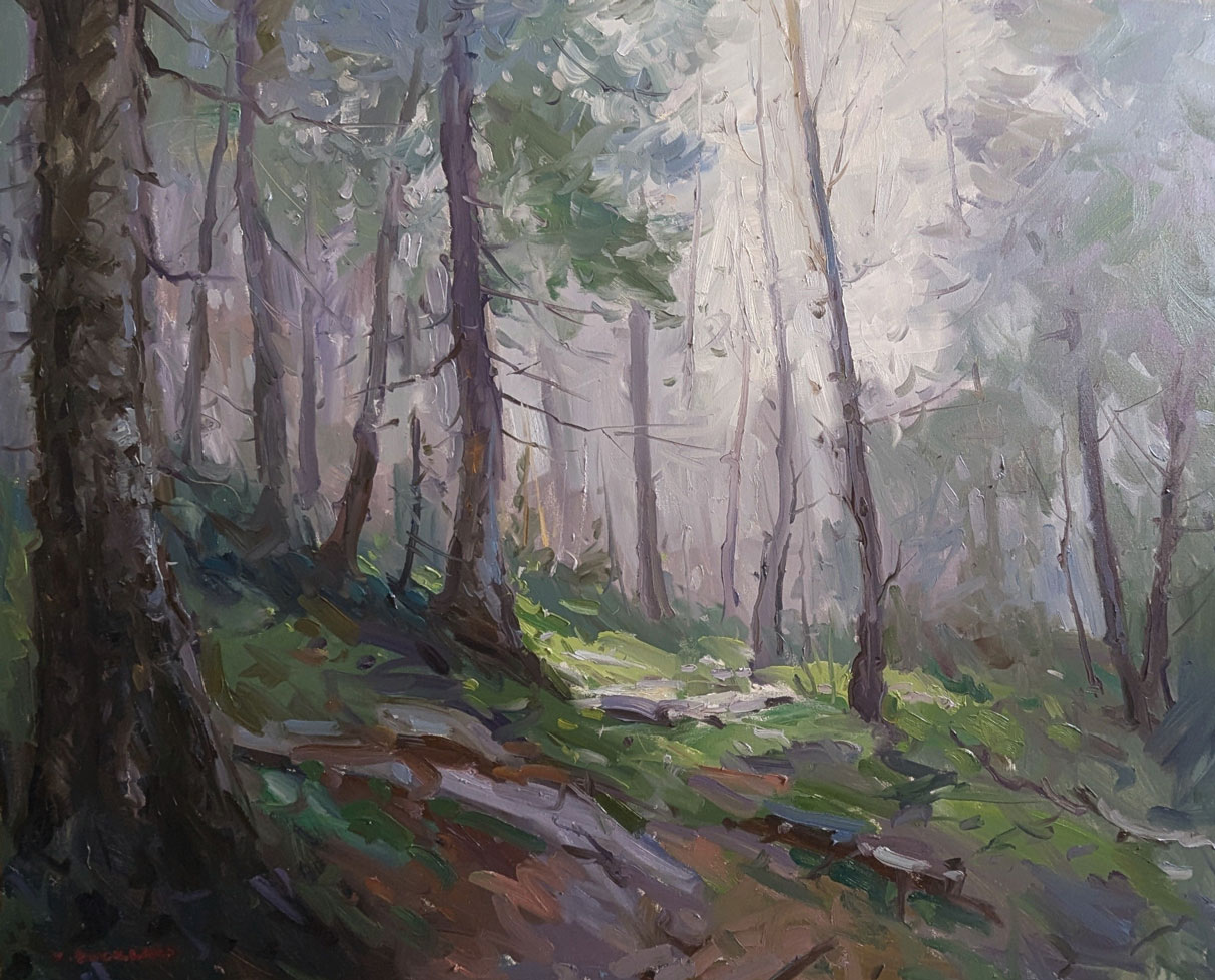 Kyle Buckland, "Whispering Woods," 2025, oil, 48 x 60 in., available from The Art Cellar Gallery, studio from plein air study