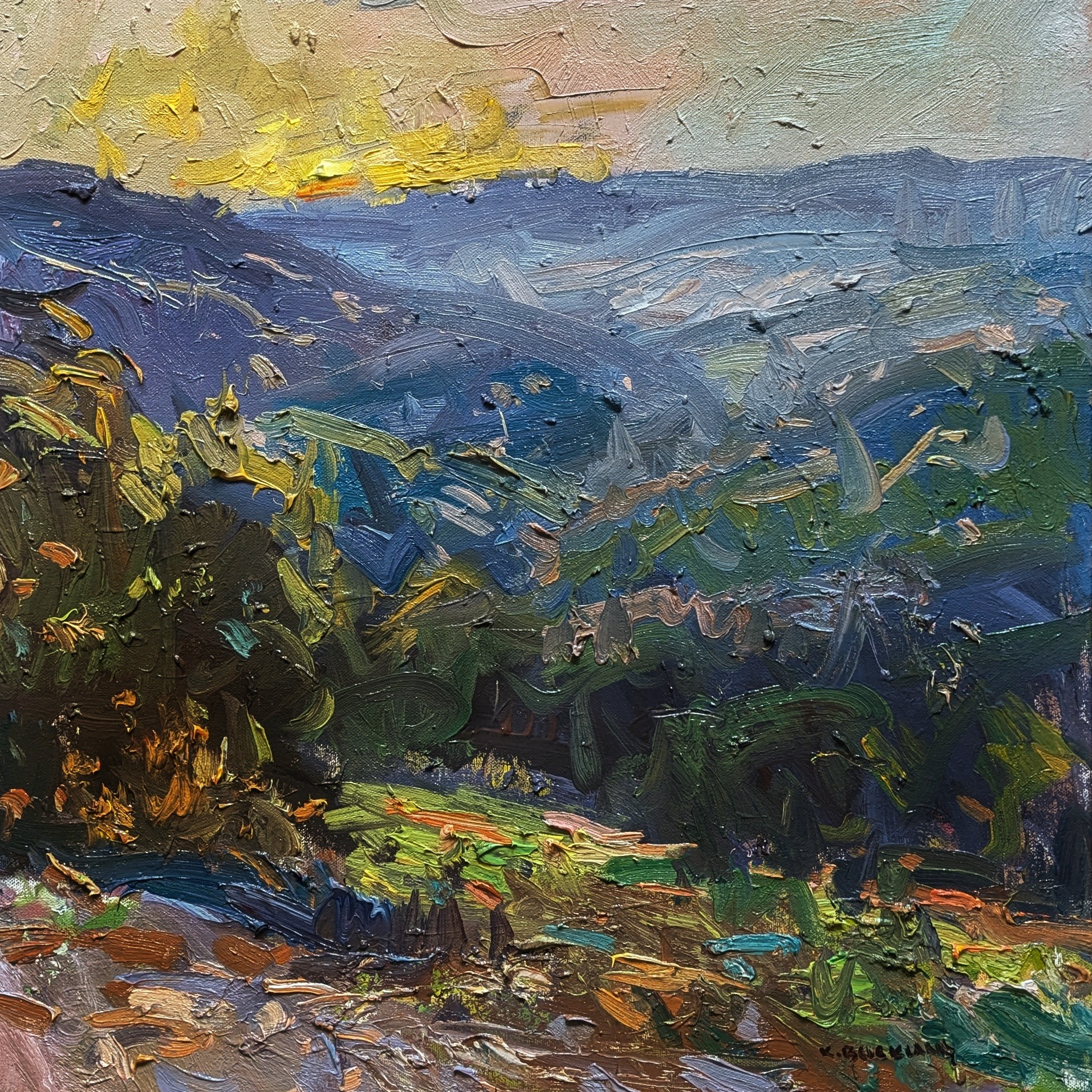 Kyle Buckland, "Evening Glow," 2025, oil, 20 x 20 in. Private collection, Studio from plein air study 