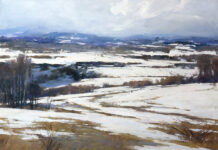 Deborah Tilby, “Prairie Snow,” oil on muslin covered panel, 24 x 24 in.