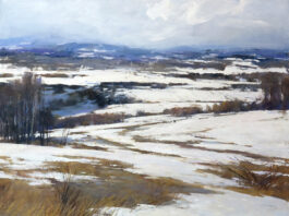 Deborah Tilby, “Prairie Snow,” oil on muslin covered panel, 24 x 24 in.