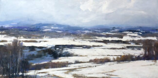 Deborah Tilby, “Prairie Snow,” oil on muslin covered panel, 24 x 24 in.