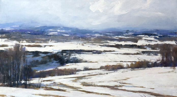 Deborah Tilby, “Prairie Snow,” oil on muslin covered panel, 24 x 24 in.