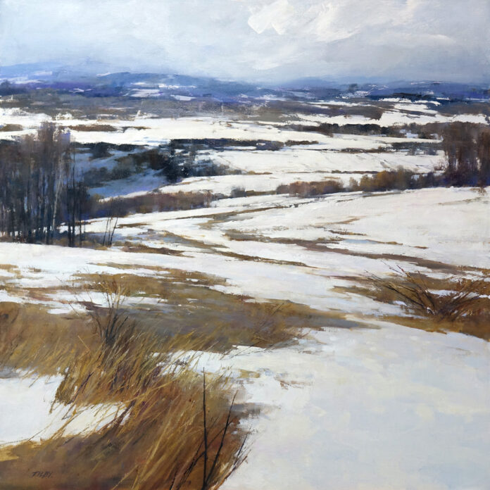 Deborah Tilby, “Prairie Snow,” oil on muslin covered panel, 24 x 24 in.