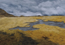 Freya Grand, "Plateau," 2023, oil, 36 x 60 in.; Photo: Greg Staley