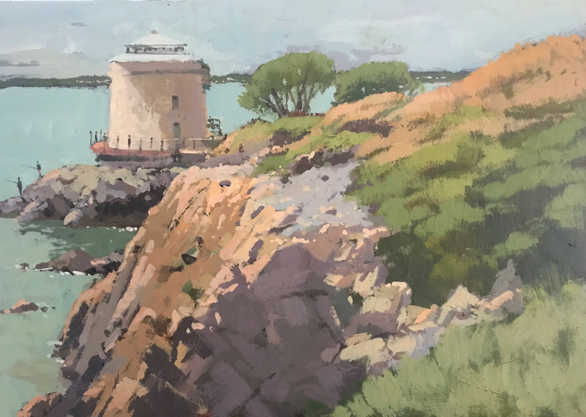 Steve Browning, "Martello Tower, Sutton," 2021, acrylic, 10 x 14 in., Private collection, Plein air and studio