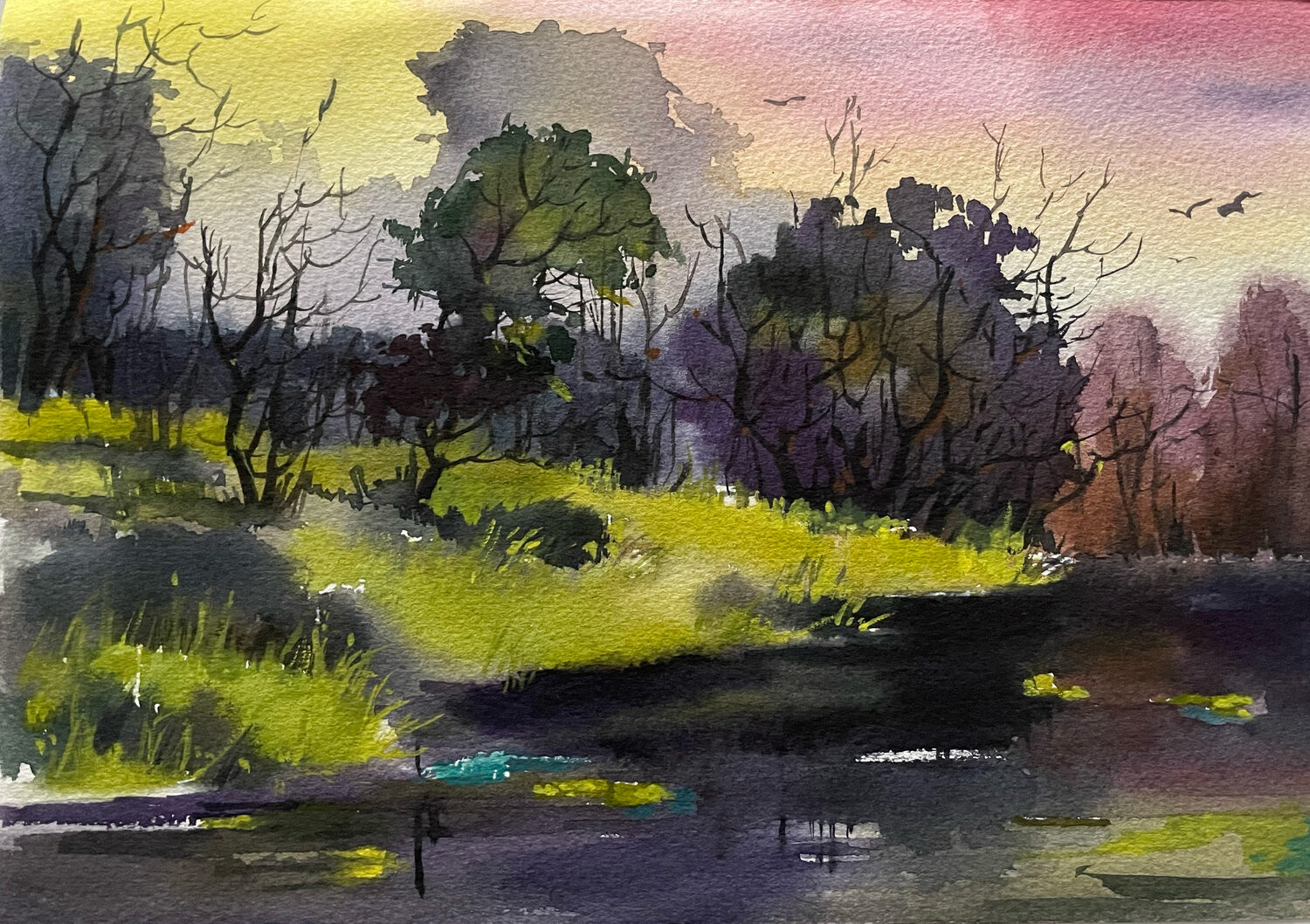 Best Plein Air Watercolor: Margarita Fomina (Finland), “Plein Air by the Water,” 20 x 26 in.