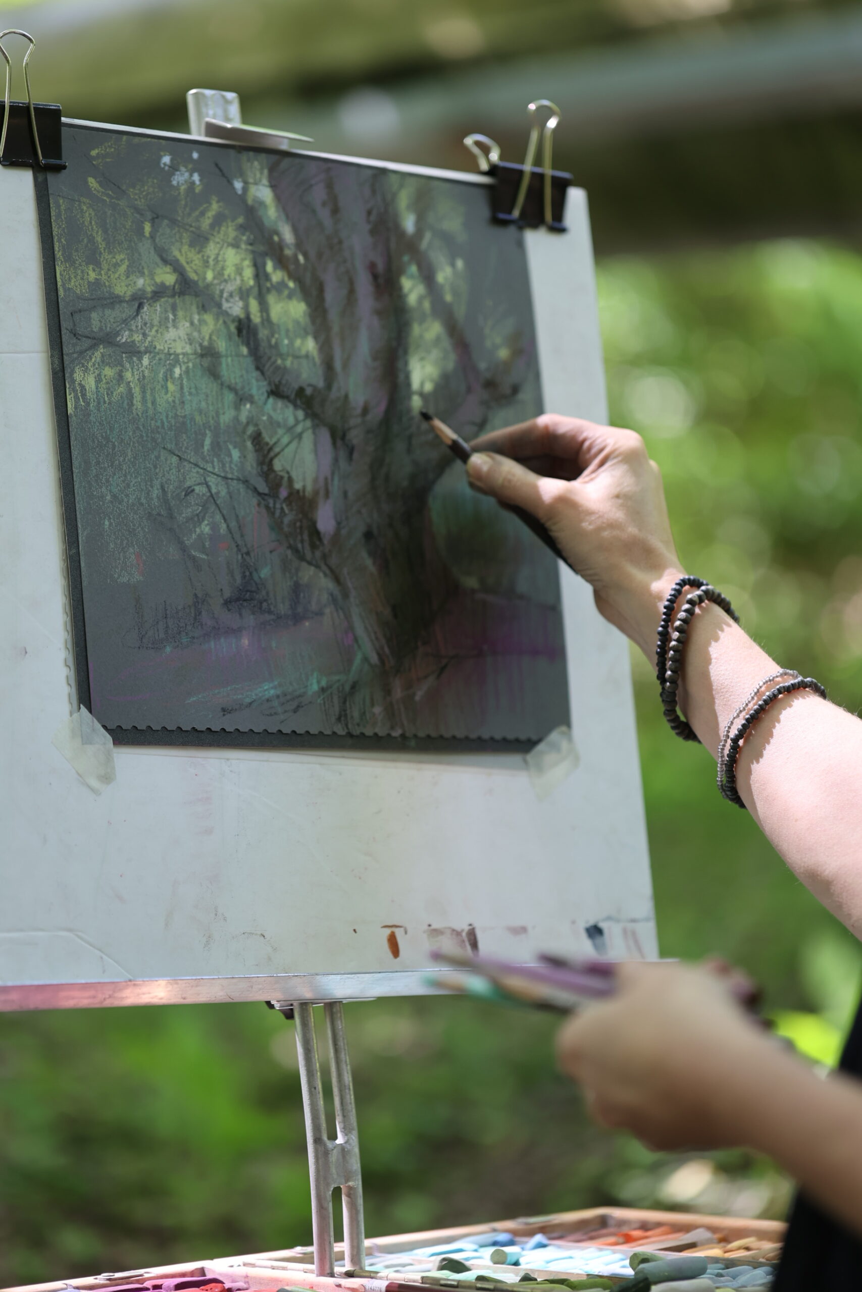Olga Abramova," Krasnaya Polyana Forest," 2022, pastel, 12 x 12 in., Collection the artist, Plein air