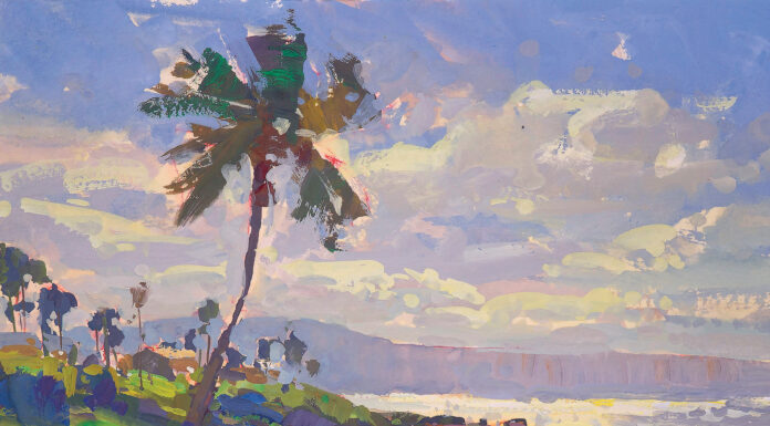 Tiffanie Mang, "Maui Beachscape," 2025, gouache, 6 x 8 in., collection the artist, studio from plein air digital sketch
