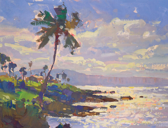 Tiffanie Mang, "Maui Beachscape," 2025, gouache, 6 x 8 in., collection the artist, studio from plein air digital sketch Tiffanie Mang, "Maui Beachscape," 2025, gouache, 6 x 8 in., collection the artist, studio from plein air digital sketch