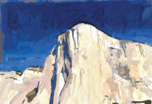 10 Mighty Mountains James Hart Dyke, “Blast Light, El Capitan, Yosemite,” 2024, oil, 16 1/2 x 16 1/2 in., Private collection, Plein air