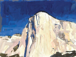 10 Mighty Mountains James Hart Dyke, “Blast Light, El Capitan, Yosemite,” 2024, oil, 16 1/2 x 16 1/2 in., Private collection, Plein air