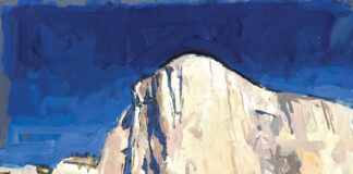 James Hart Dyke, “Blast Light, El Capitan, Yosemite,” 2024, oil, 16 1/2 x 16 1/2 in., Private collection, Plein air