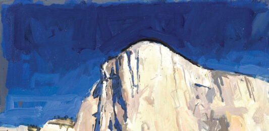 10 Mighty Mountains James Hart Dyke, “Blast Light, El Capitan, Yosemite,” 2024, oil, 16 1/2 x 16 1/2 in., Private collection, Plein air