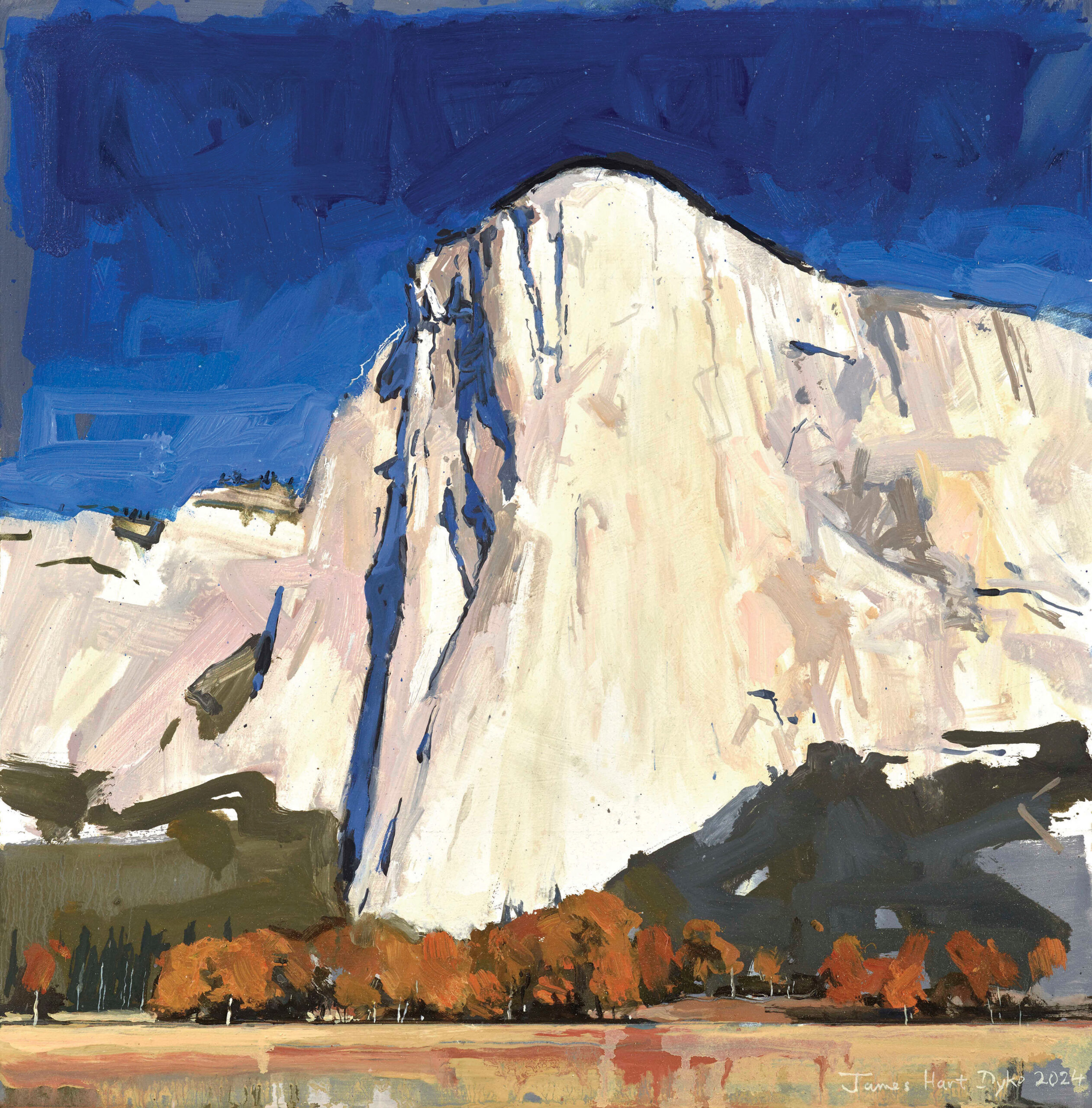 James Hart Dyke, “Blast Light, El Capitan, Yosemite,” 2024, oil, 16 1/2 x 16 1/2 in., Private collection, Plein air
