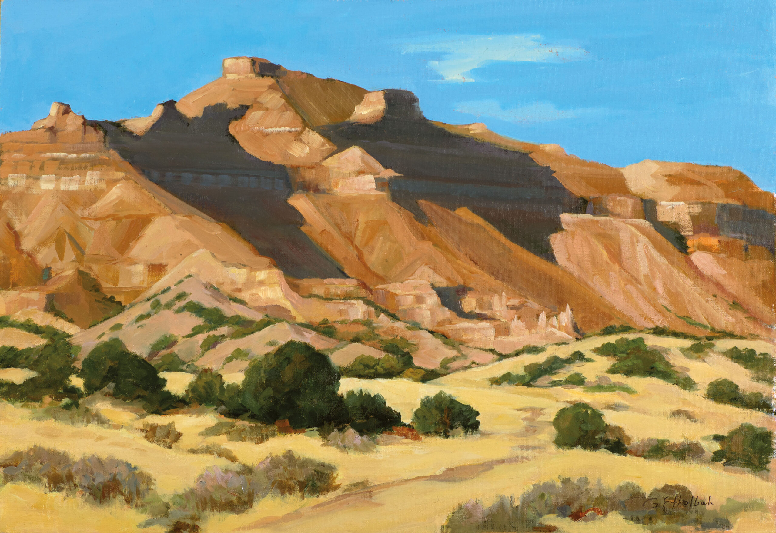Paintings of mountains - Gwen Meyer Ethelbah, “Ildefonso Formation,” 2022, oil, 12 x 18 in., Private collection, Studio from a plein air study