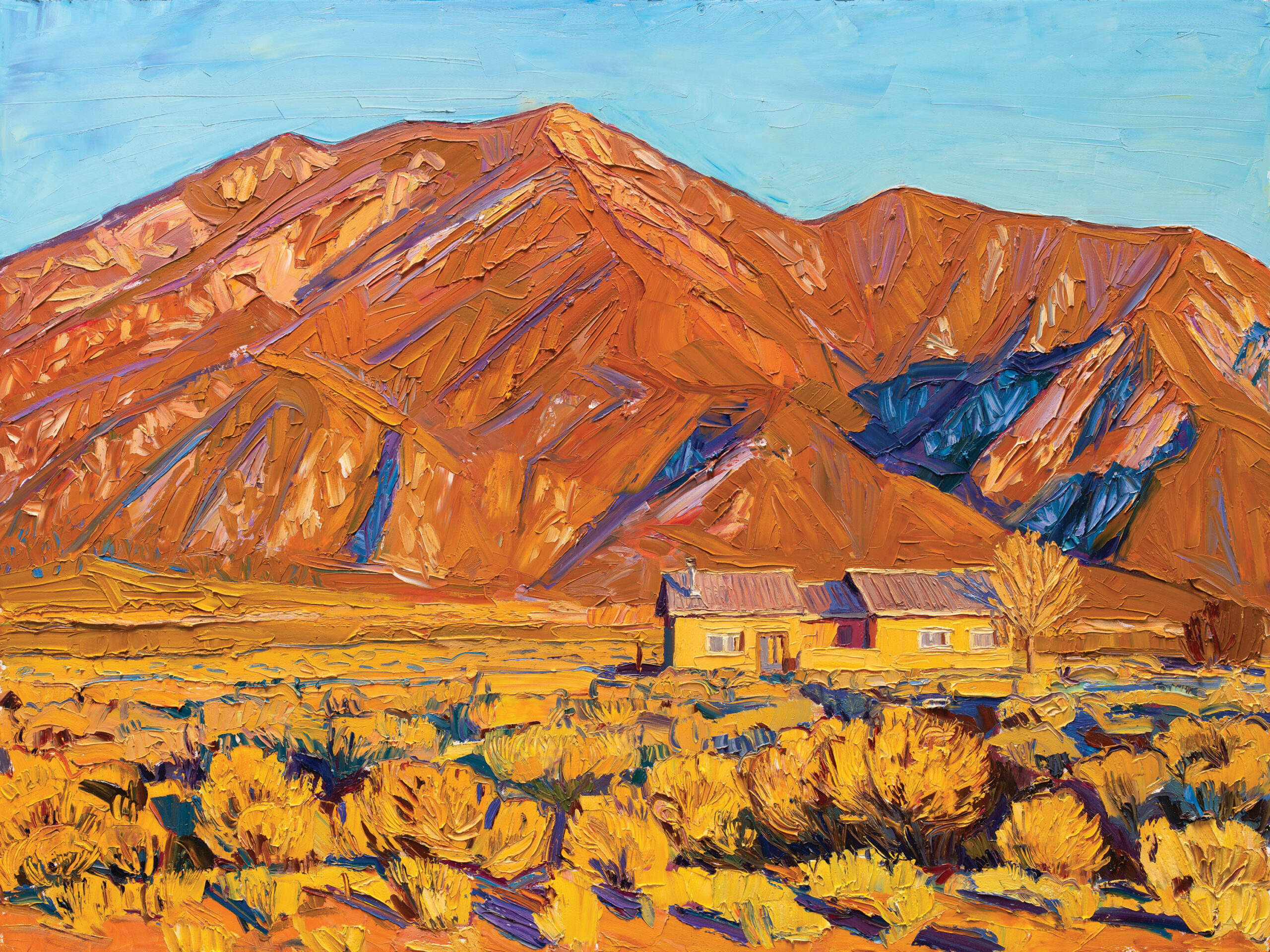 Jivian Lee, “The House in the Sage — Sunset,” 2022, oil, 36 x 48 in., Available from LewAllen Galleries, Plein air and studio